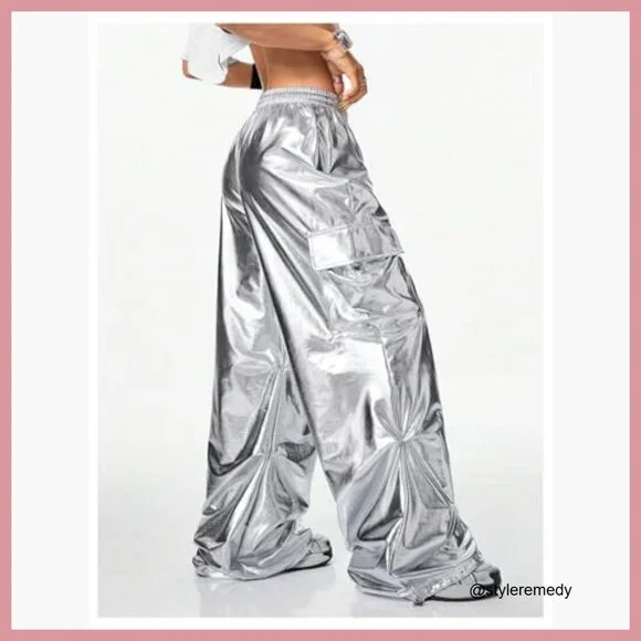 Metallic Cargo Pants Wide Leg Baggy Joggers Polyester Blend - Picture 2 of 5